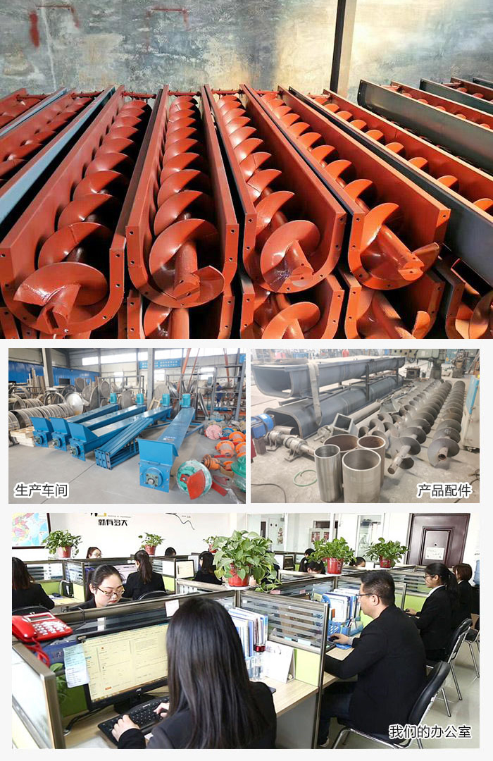 絞龍螺旋輸送機(jī)產(chǎn)品，廠區(qū)，以及辦公場地展示圖。