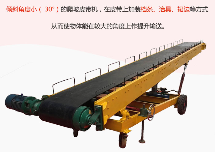 傾斜角度?。?30°）的爬坡皮帶機(jī)，在皮帶上加裝檔條、治具、裙邊等方式從而使物體能在較大的角度上作提升輸送。